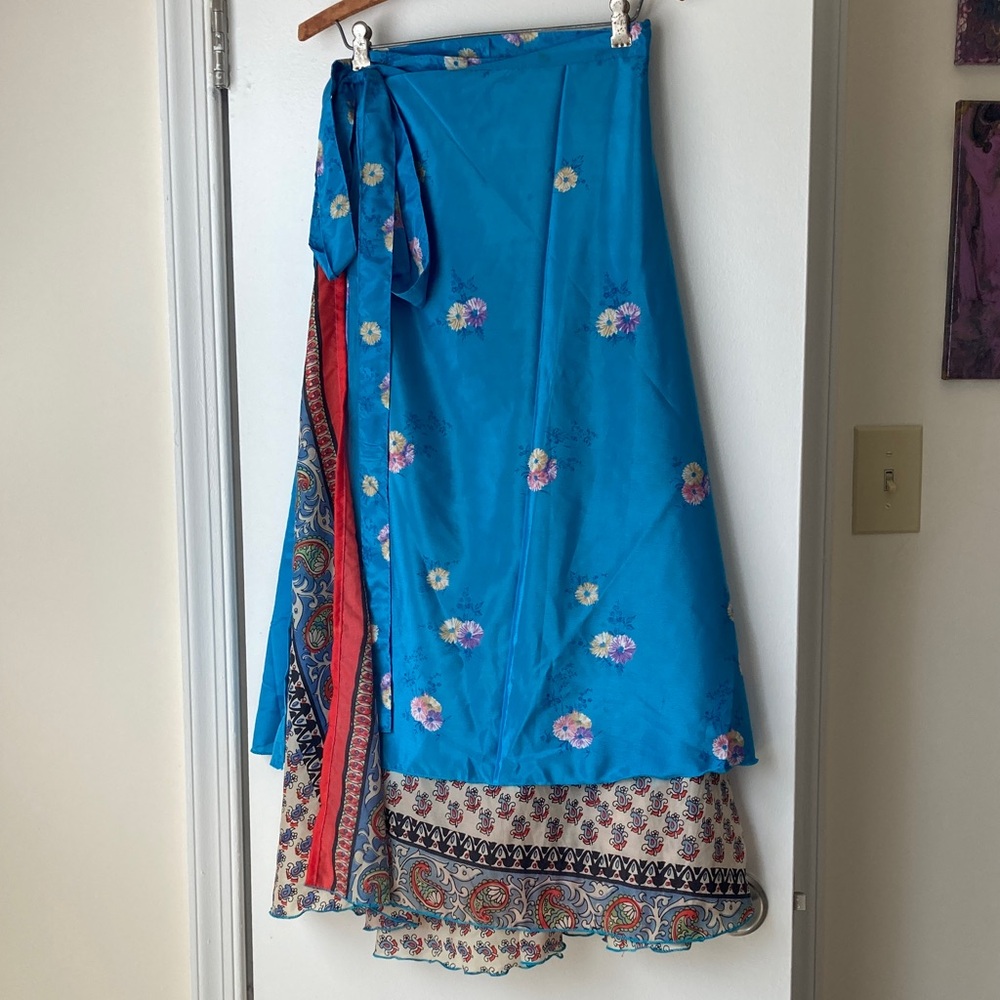 Silk 2-layer Sari Wrap Skirt in Blue and Red